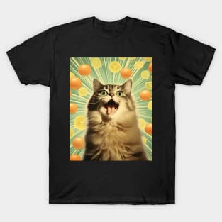 Vibrant Crazy Cat Collage Surrounded by Citrus Fruit - Unique Quirky Kitty Art T-Shirt